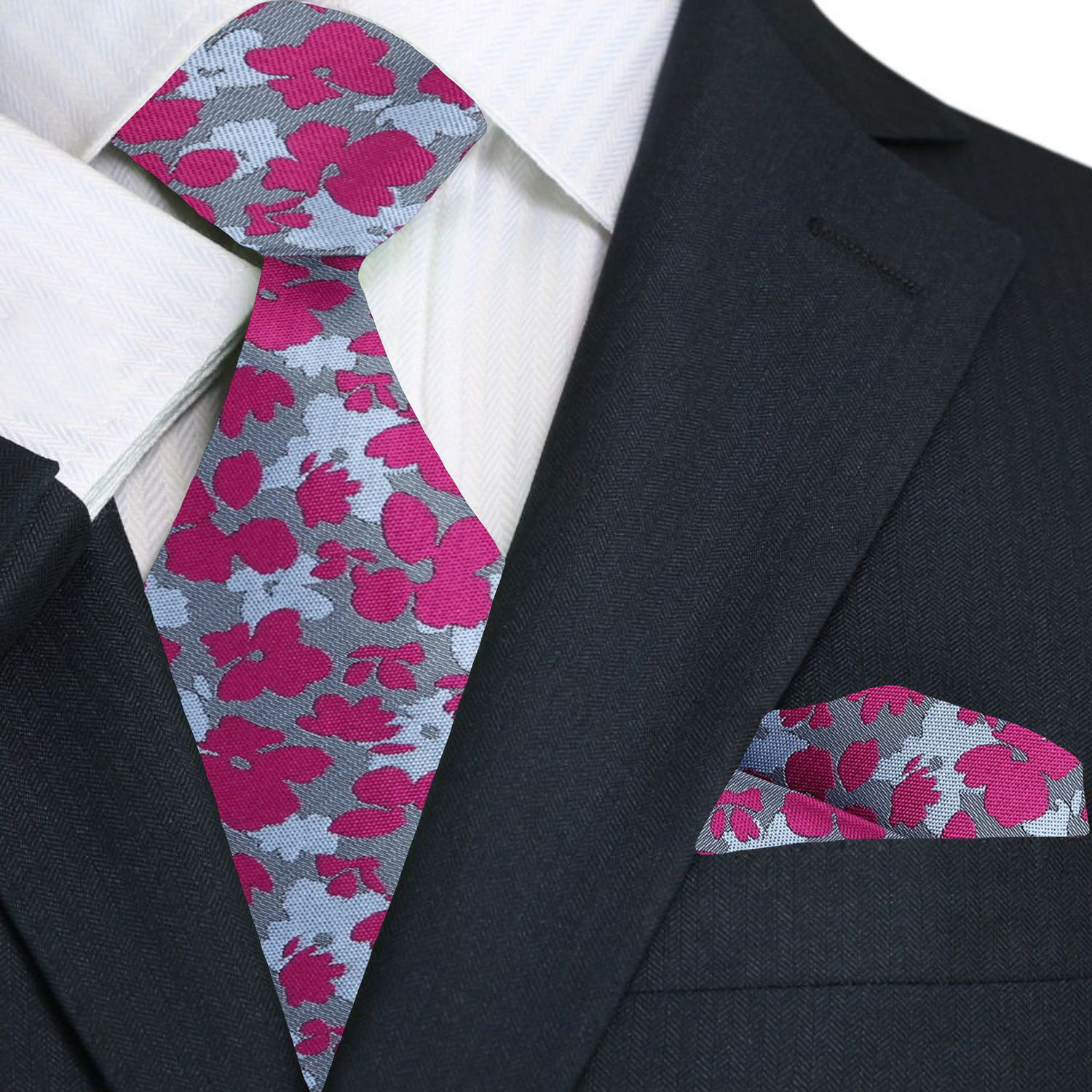 Premium Reddish Pink and Shades of Grey Flowers Necktie and Pocket Square