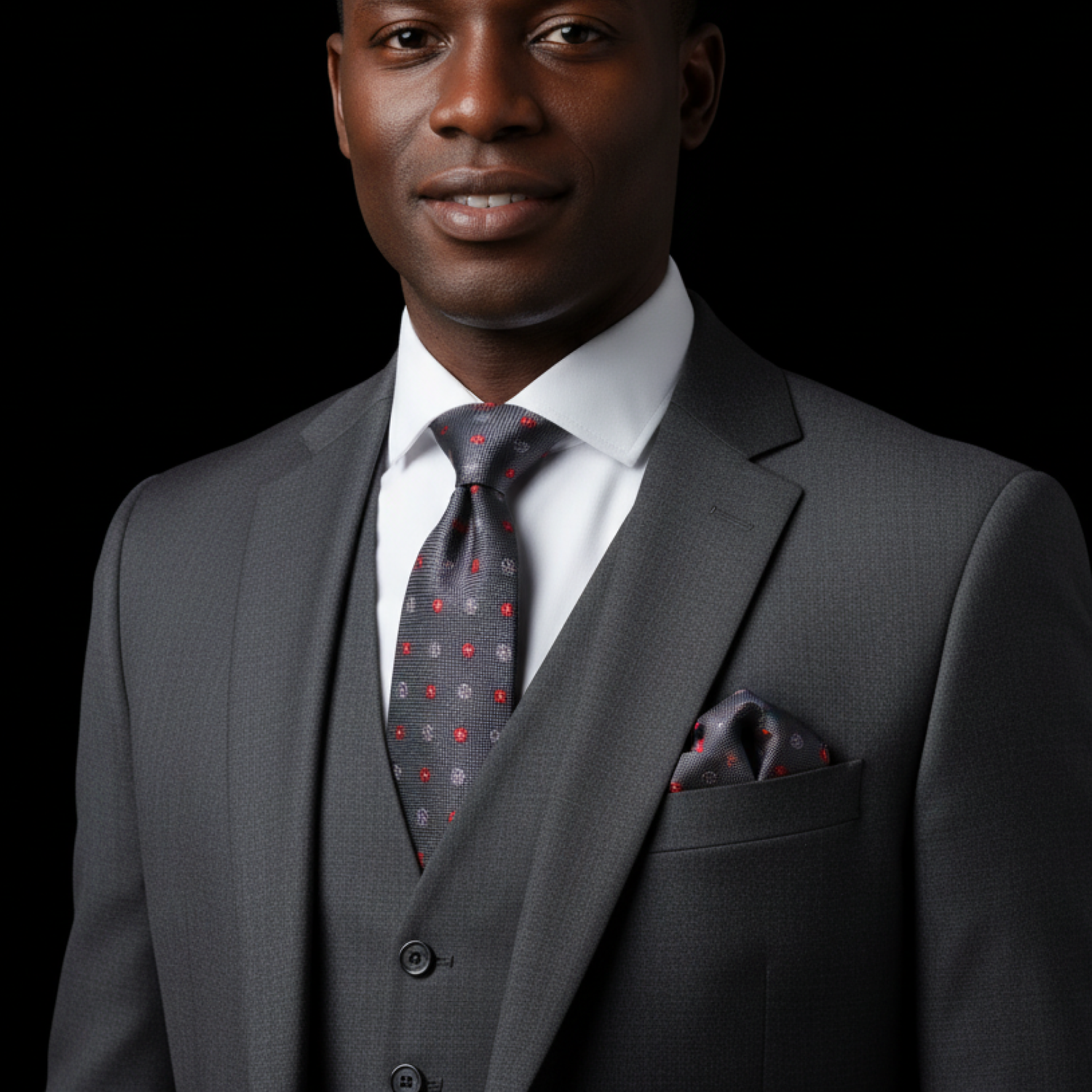 Man wearing grey floral tie and matching square