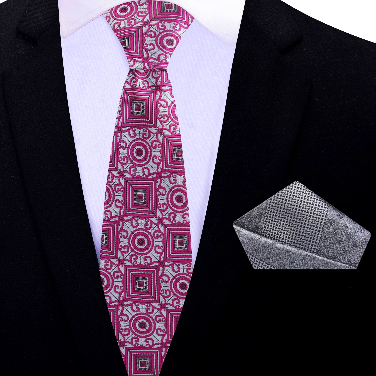 Thin Pink patterned tie and silver square