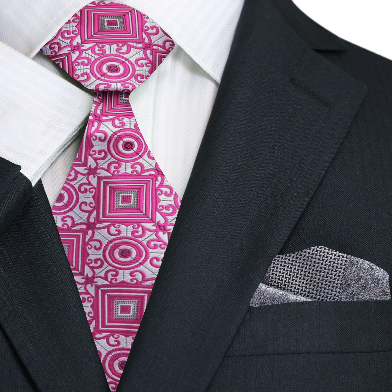 Pink patterned tie and silver square with a black suit and white shirt