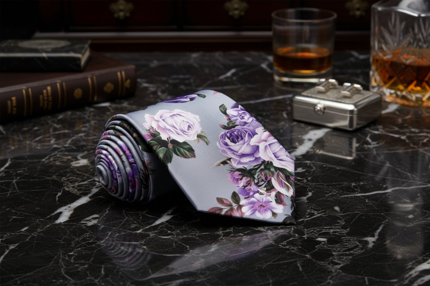 Grey, Pink, Purple and Green Floral Necktie 