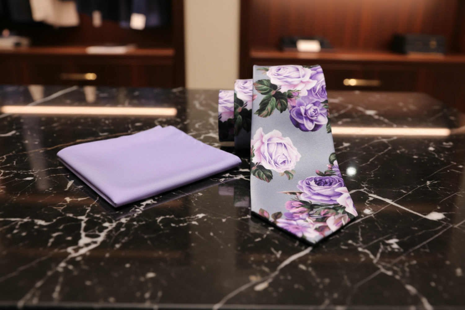 Alt View: Grey, Pink, Purple and Green Floral Necktie with Light Purple Square