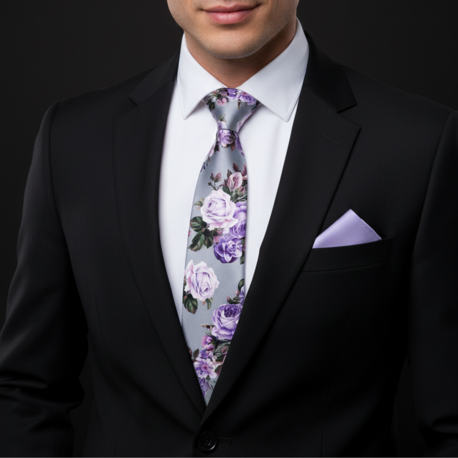 Man wearing a black suit with a floral tie and pocket square on a dark background