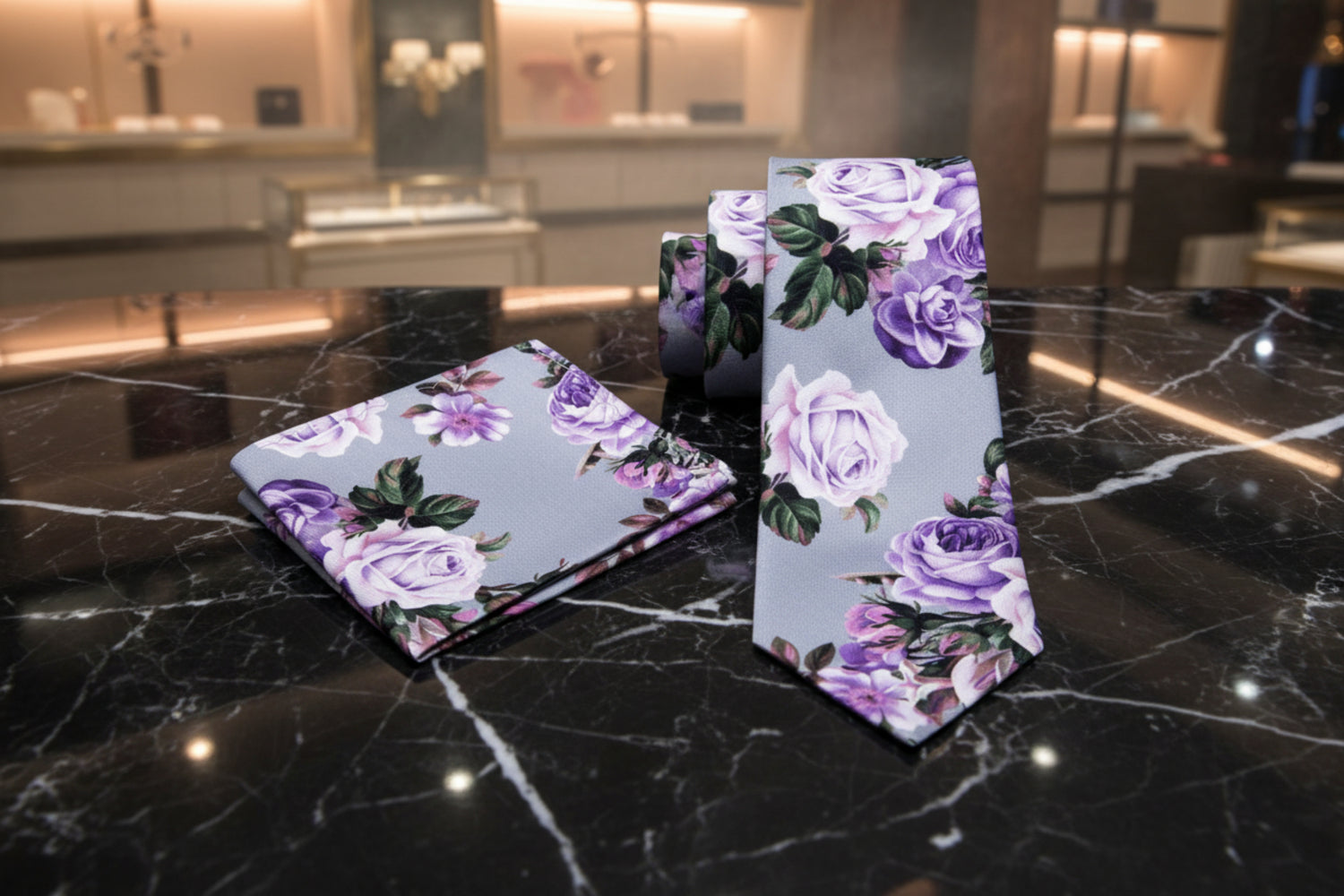 Alt View: Grey, Pink, Purple and Green Floral Necktie with Matching Square