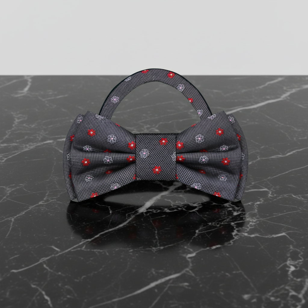 Grey Pink Red Small Flowers Bow Tie Pre Tied