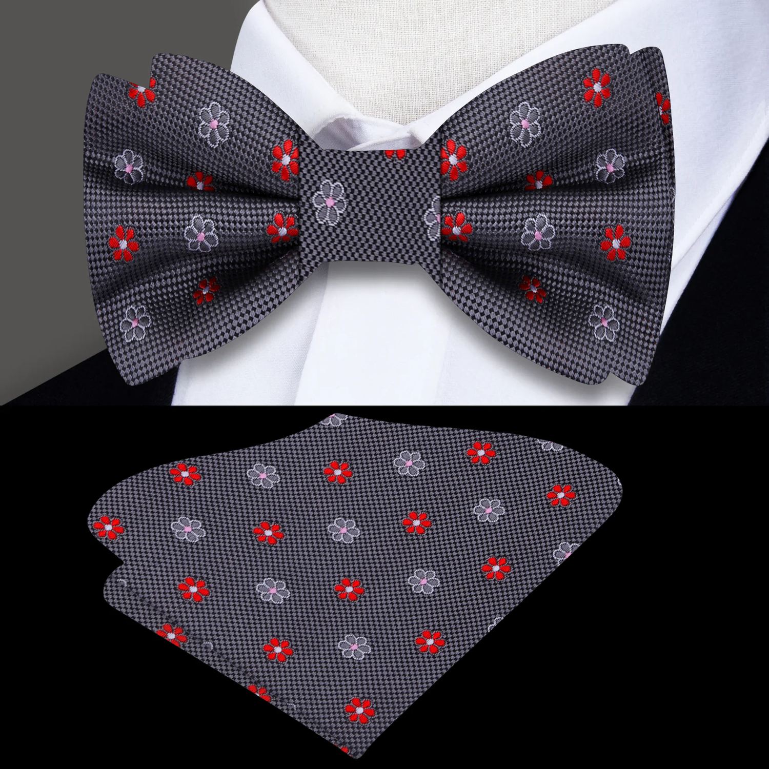 Grey Pink Red Small Flowers Bow Tie and Square