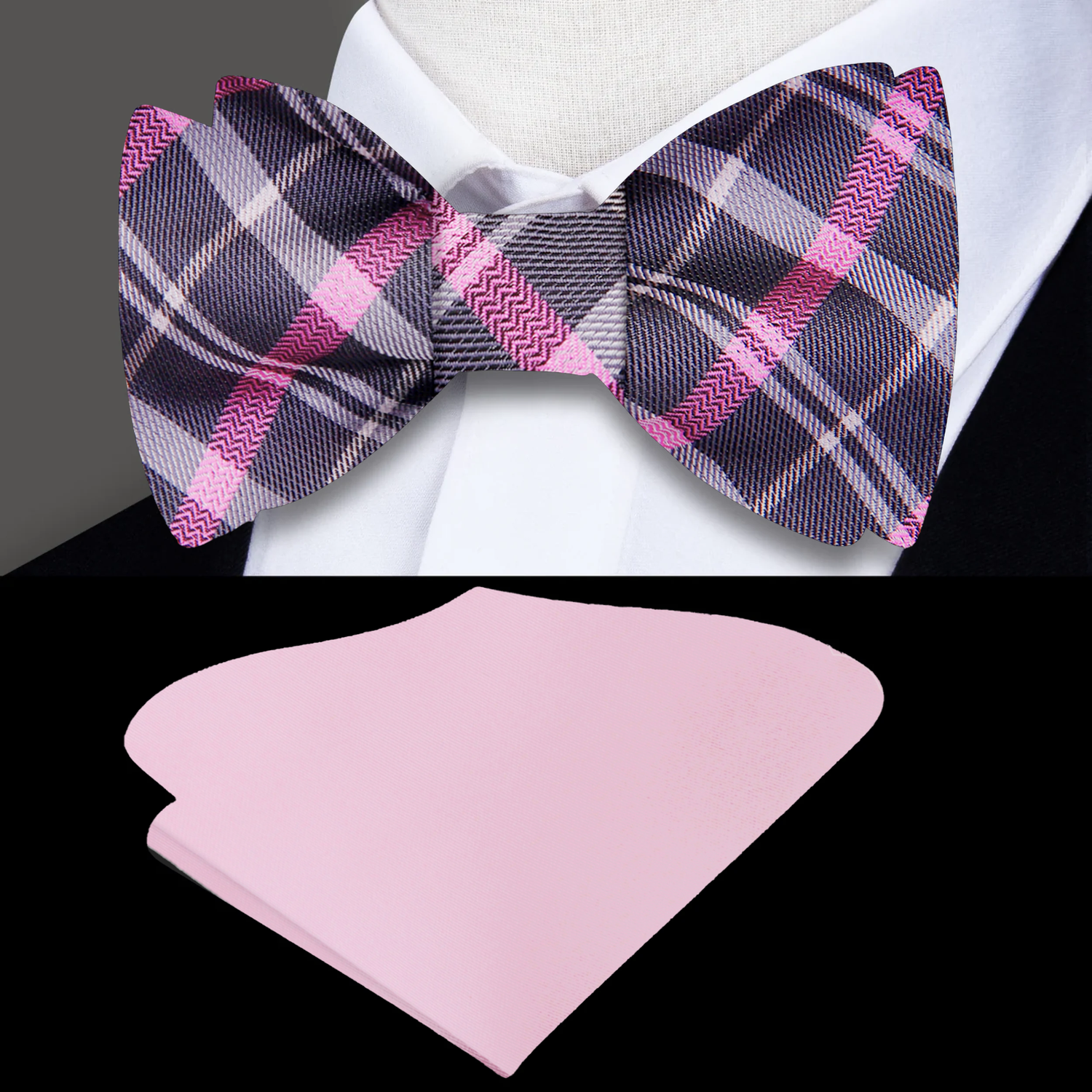 Main View: Grey, Pink Plaid Bow Tie and Pink Pocket Square