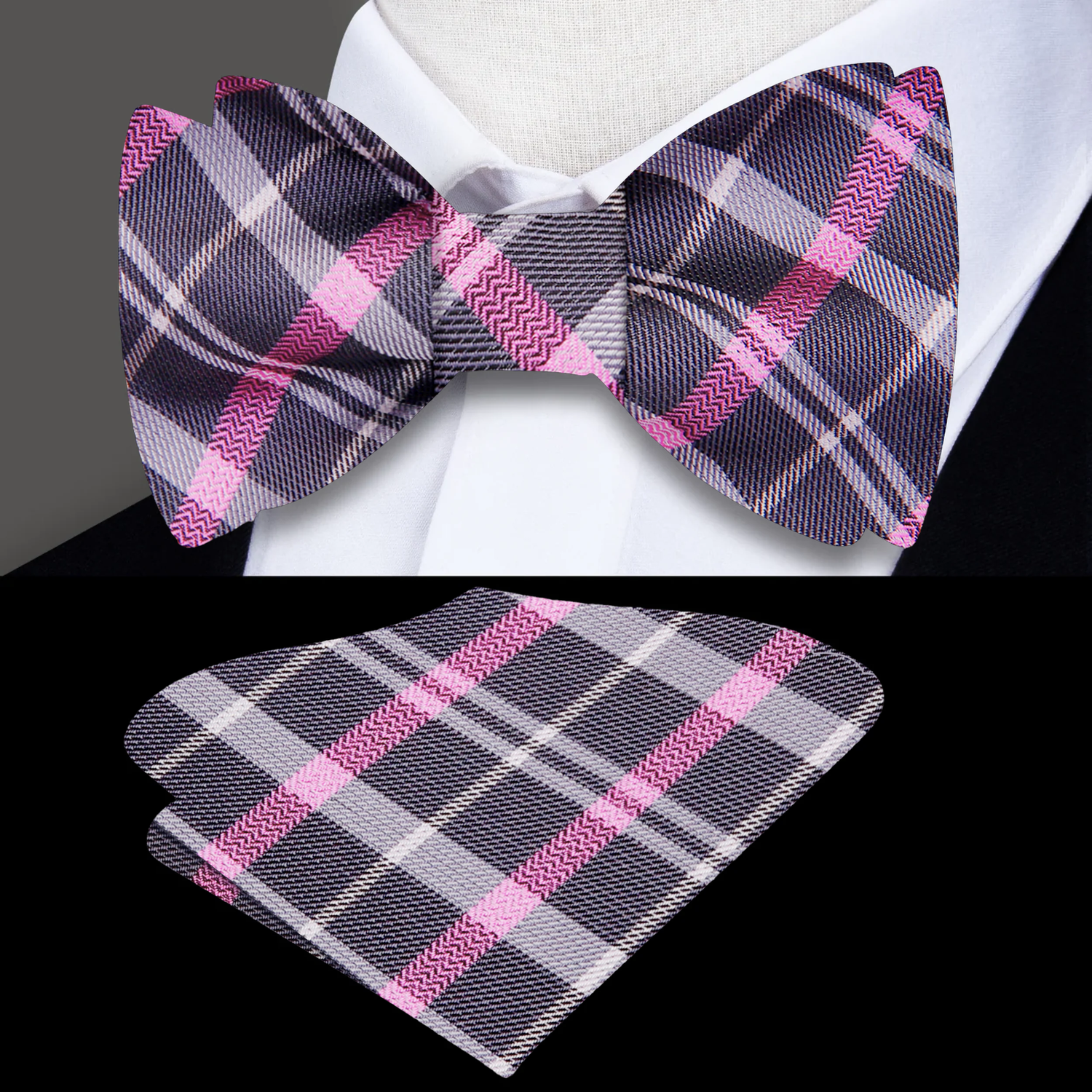 Main View: Grey, Pink Plaid Bow Tie and Pocket Square||Grey, Pink