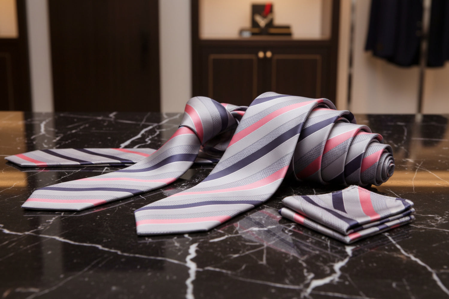 Striped pink and grey square with pink, gray, and purple colors 