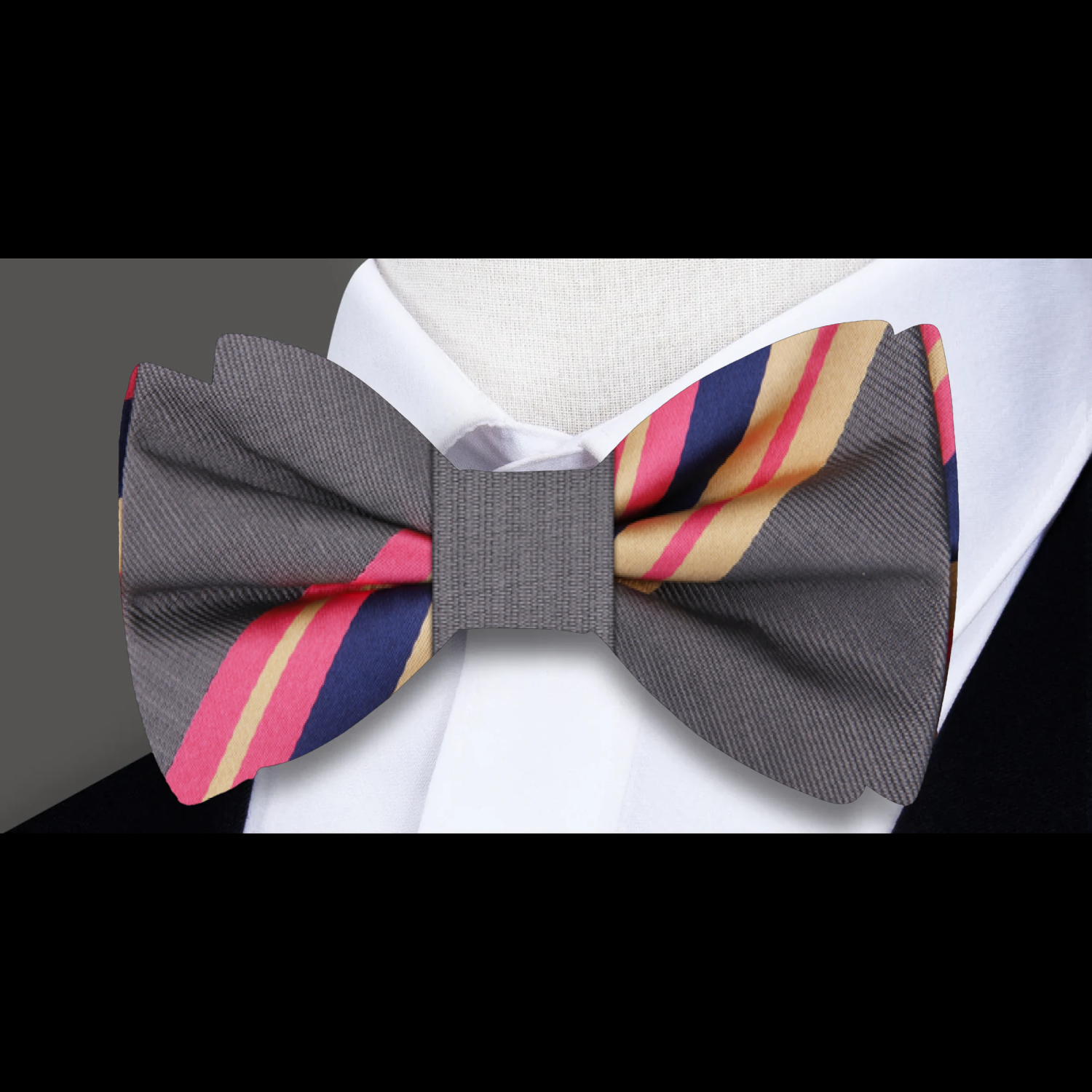 Grey, Pink, Midnight Blue, Flax Stripe Bow Tie