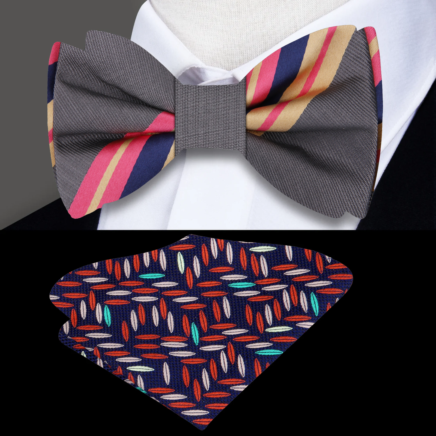 Grey Pink Stripe Bow Tie and Accenting Square