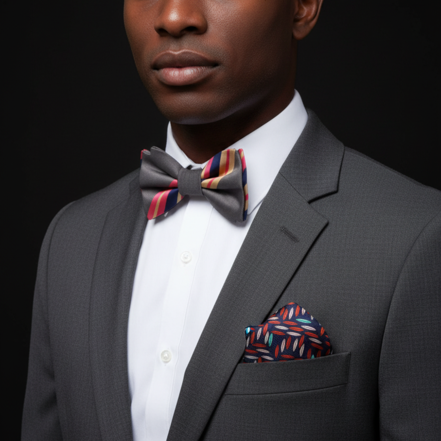 Man wearing a gray suit with a colorful bow tie and pocket square on a black background