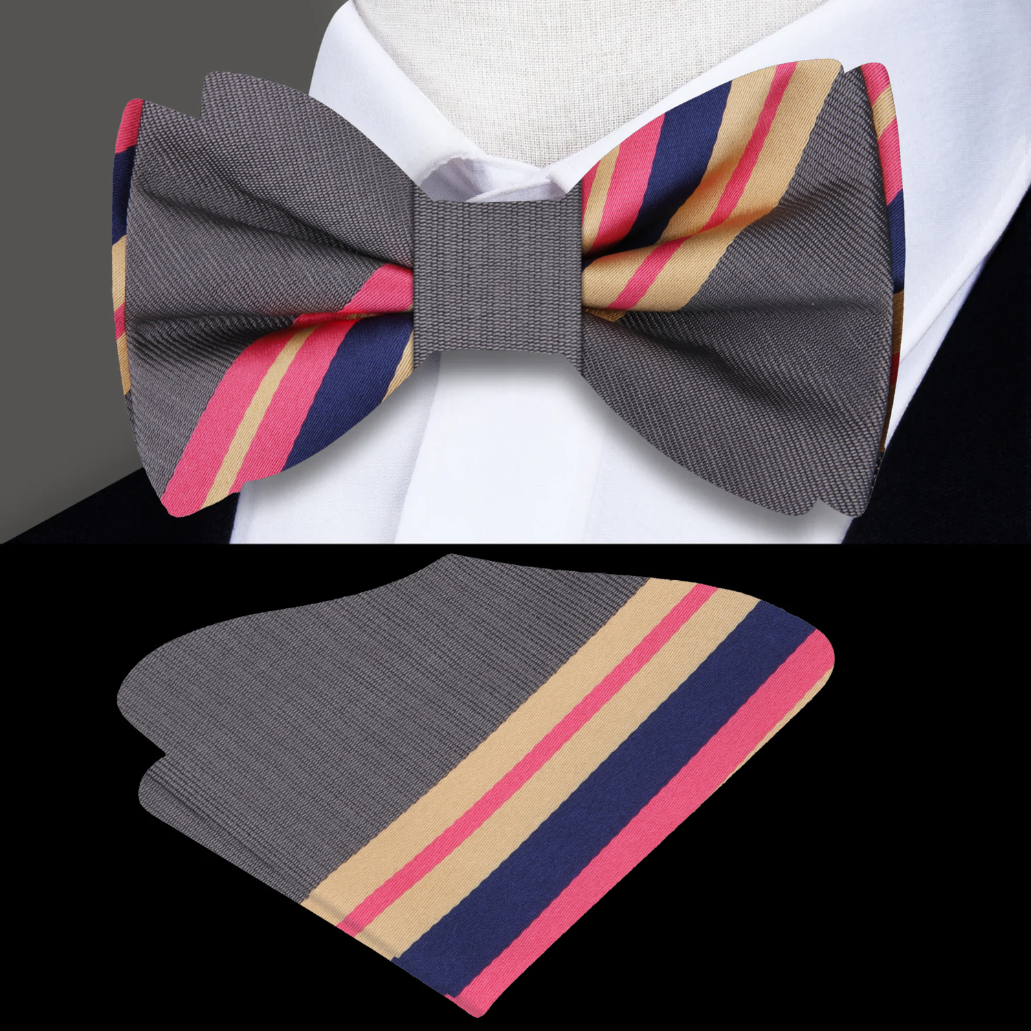 Grey, Pink, Midnight Blue, Flax Stripe Bow Tie And Pocket Square