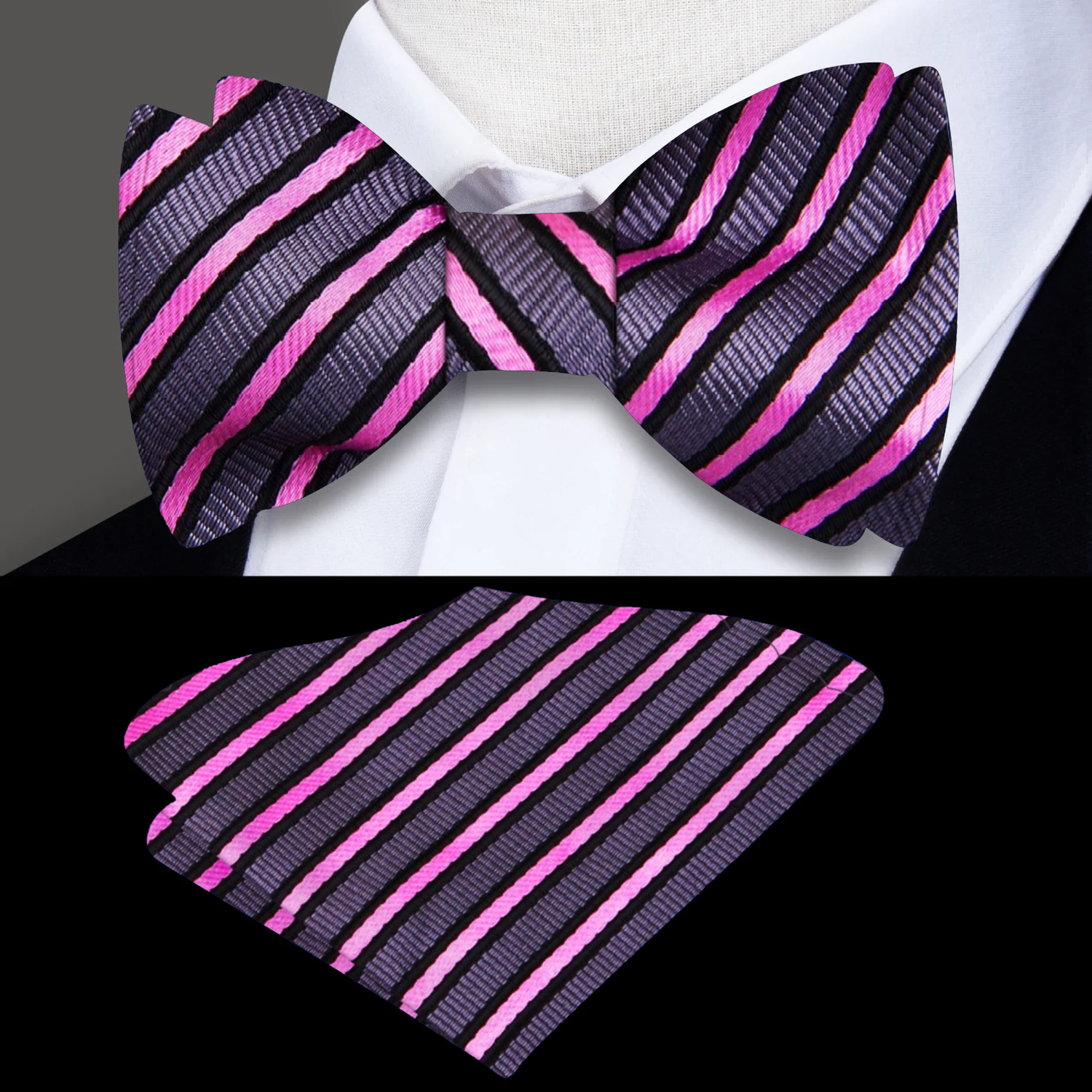 Main View: Grey, Pink Stripe Bow Tie and Square