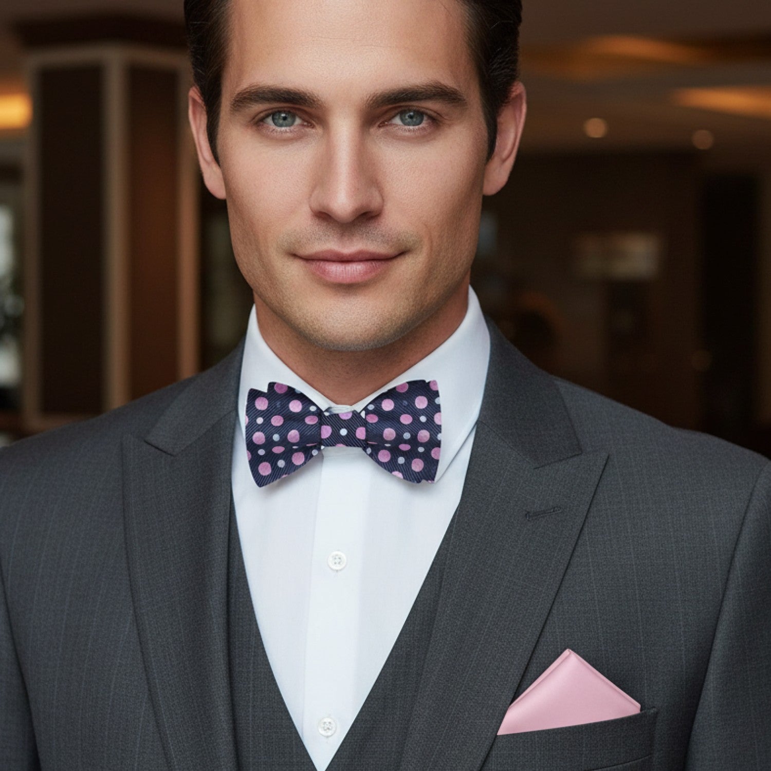 Man wearing a gray suit with a polka dot bow tie and pink handkerchief.