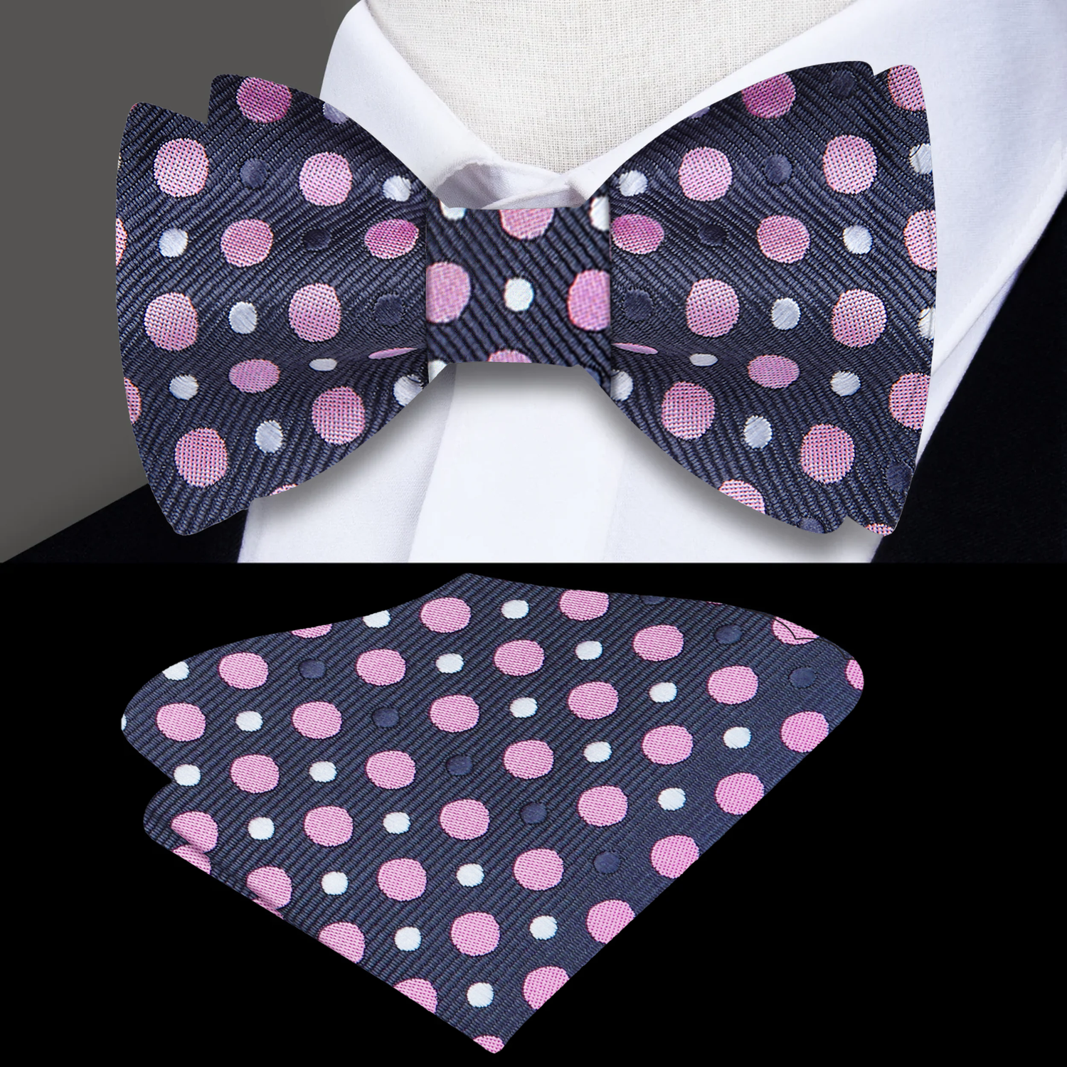 Grey, Pink and White Polka Bow Tie and Square
