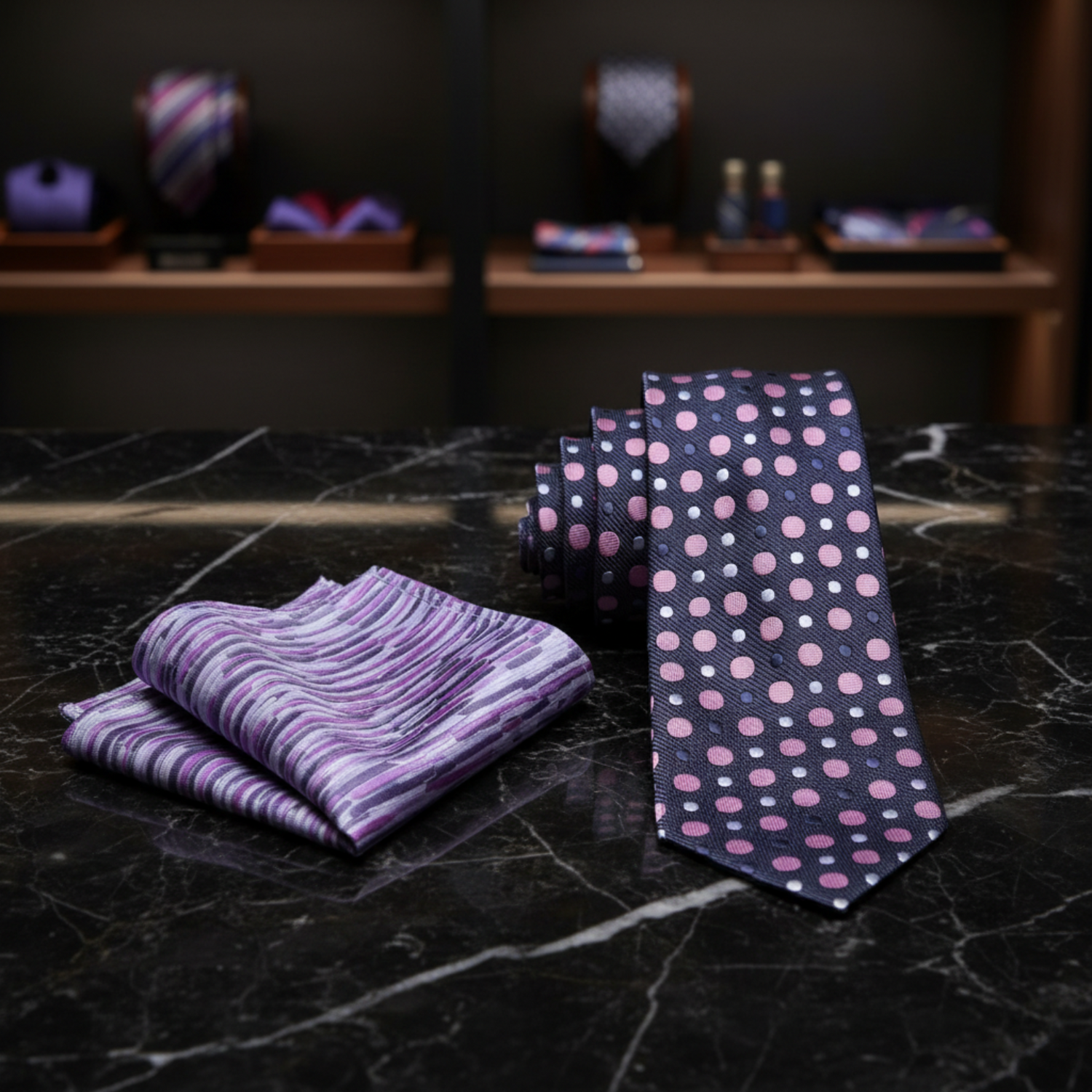 A Grey, Pink, White Polka Dot Pattern Necktie, Accenting Pocket Square