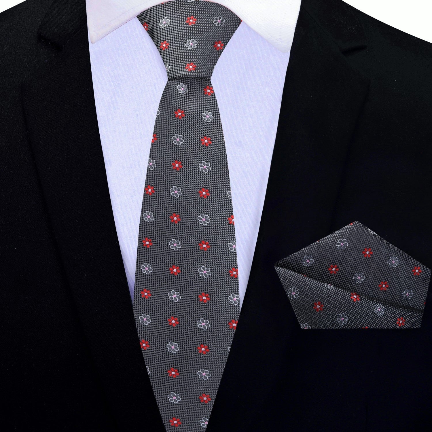 Thin Grey with Pink and Red Flowers Necktie and Matching Square