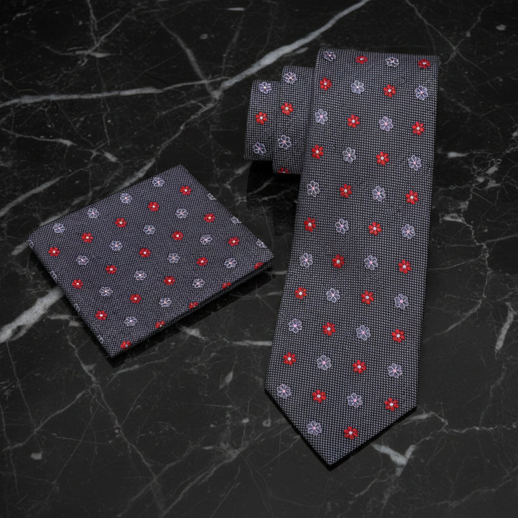 Alt Grey with Pink and Red Flowers Necktie and Matching Square