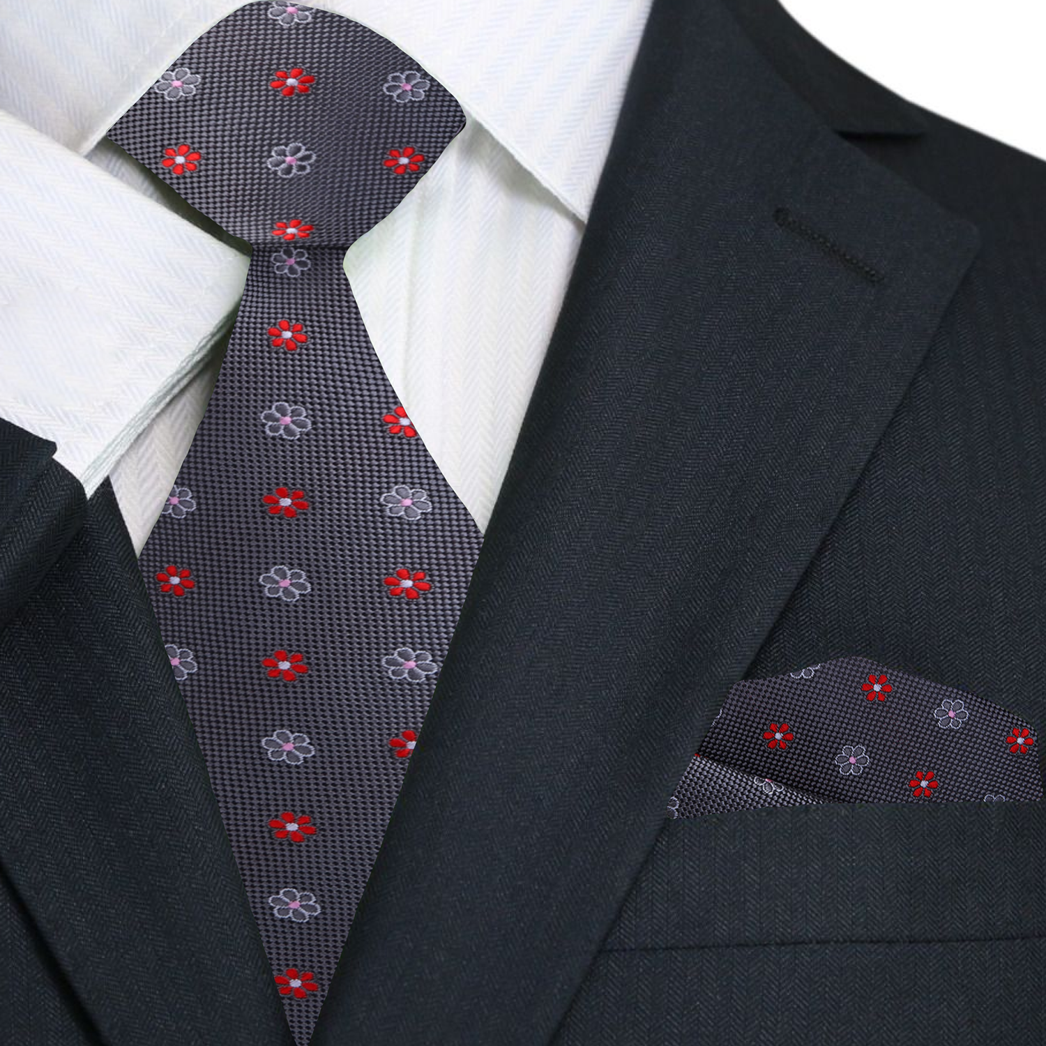 Primary Grey with Pink and Red Flowers Necktie and Matching Square
