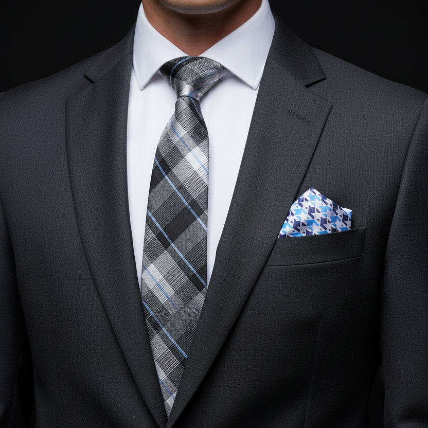 Man wearing a gray suit with a plaid tie and patterned pocket square on a black background