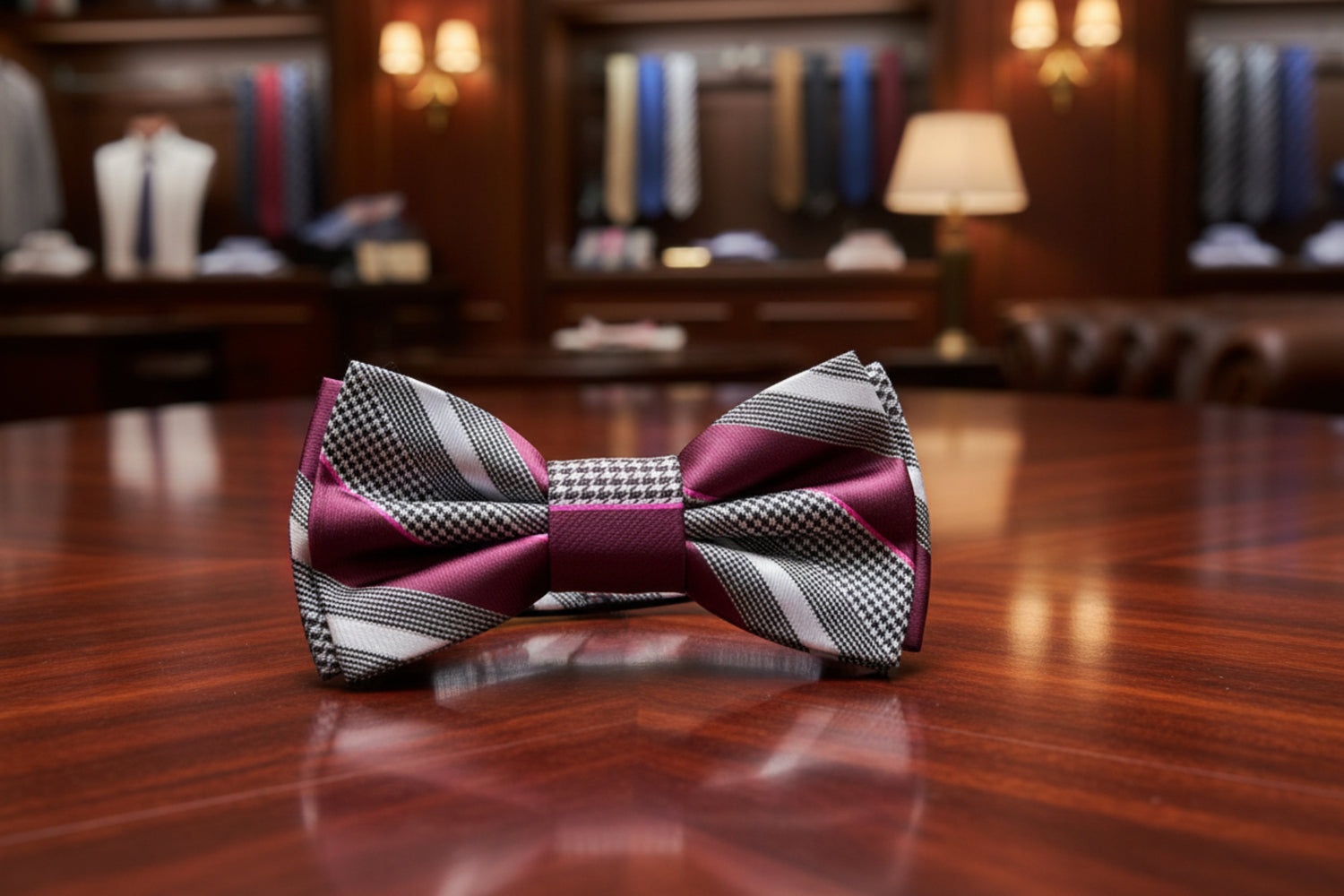 Plum, Grey, White Stripe Bow Tie Pre Tied
