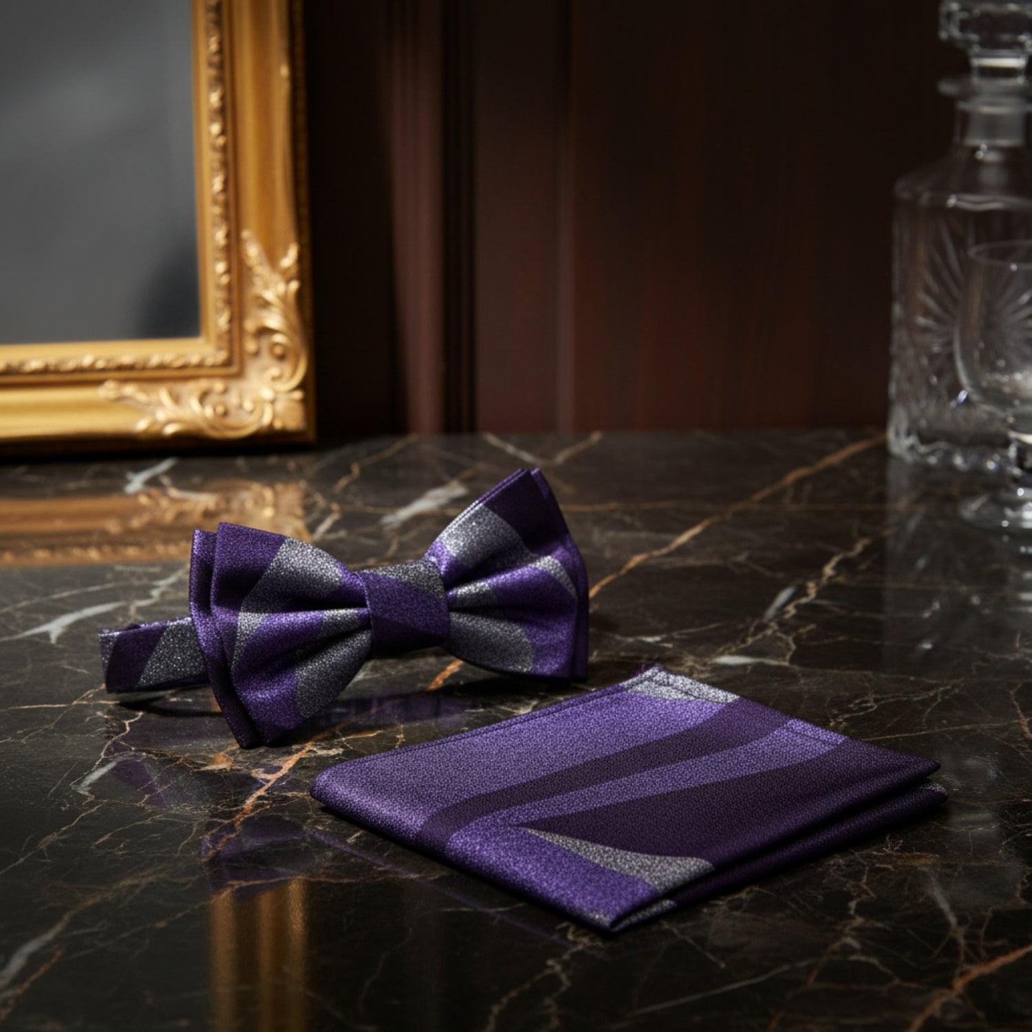 Purple, Grey Abstract Bow Tie and Matching Pocket Square