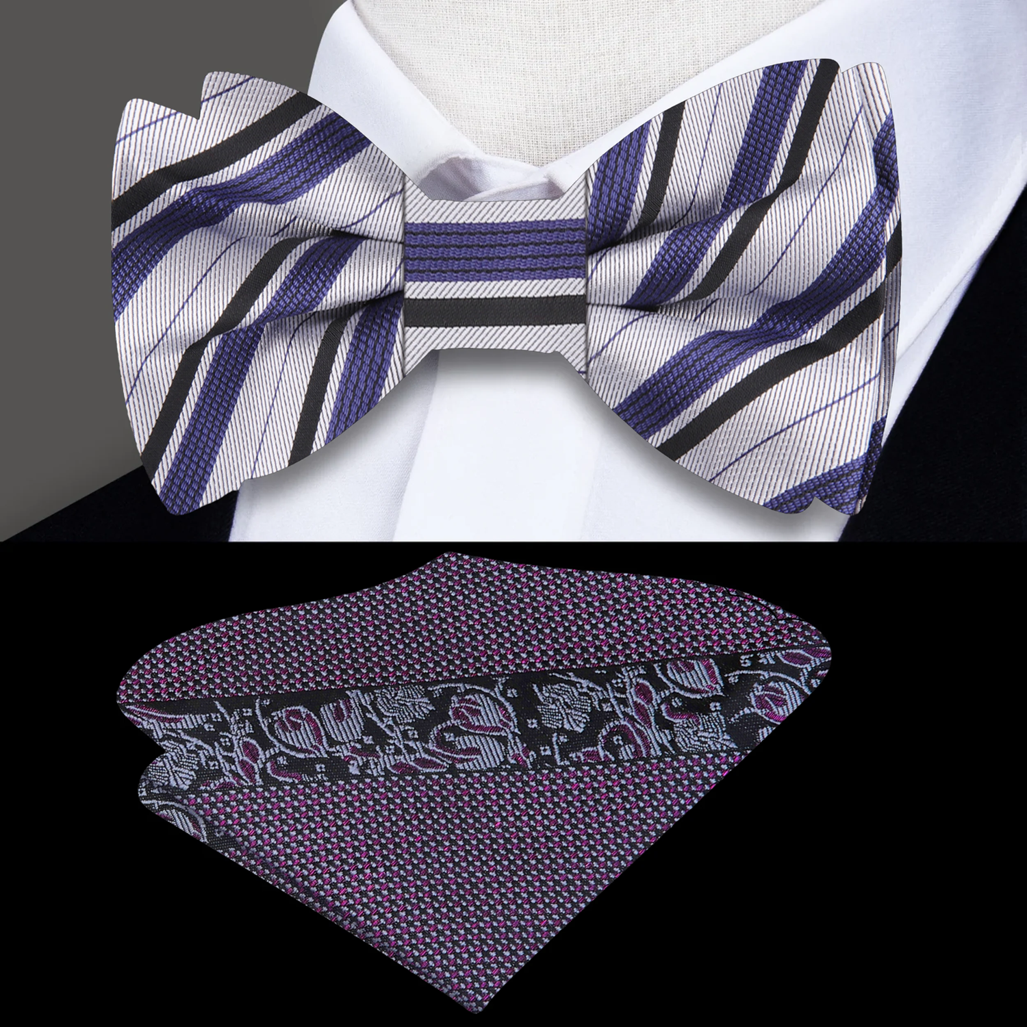 Grey, Black and Purple Stripe Bow Tie and Accenting Square