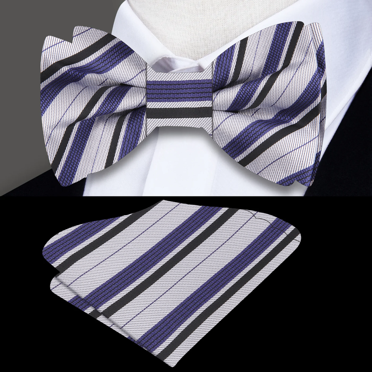 Grey, Black and Purple Stripe Bow Tie and Square