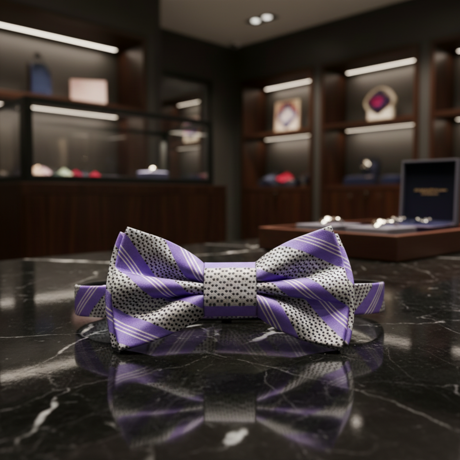 Light Purple, Grey, Black Stripes Bow Tie Pre Tied