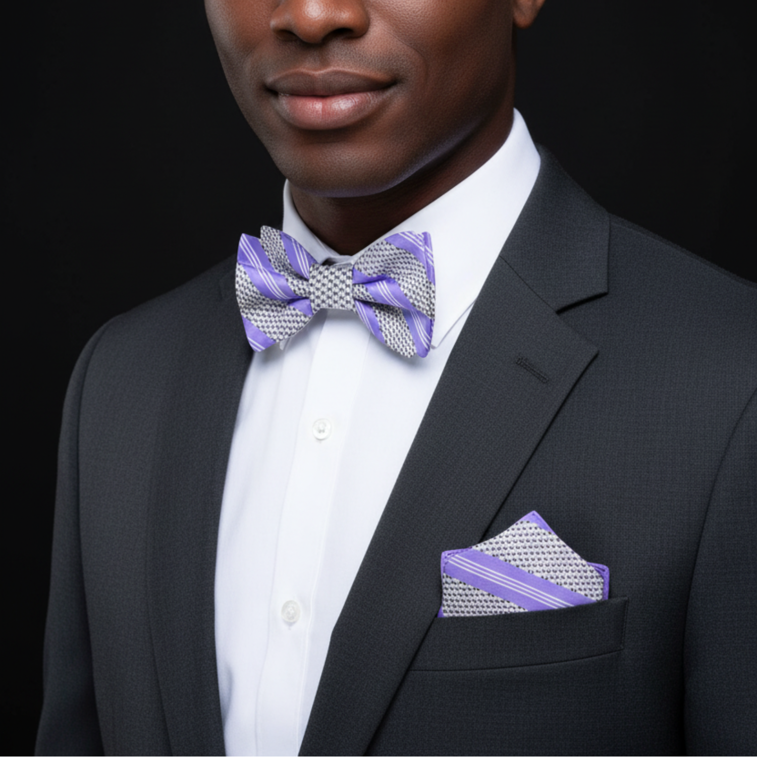 Man wearing a black suit with a white shirt, purple bow tie, and matching pocket square against a black background.