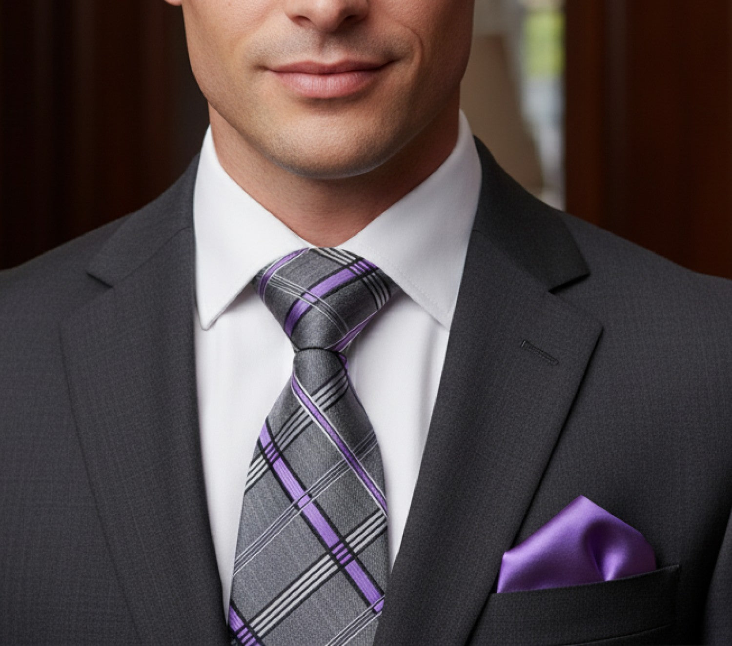 A Rich Grey With Lavender Pattern Necktie With Solid Lavender Pocket Square