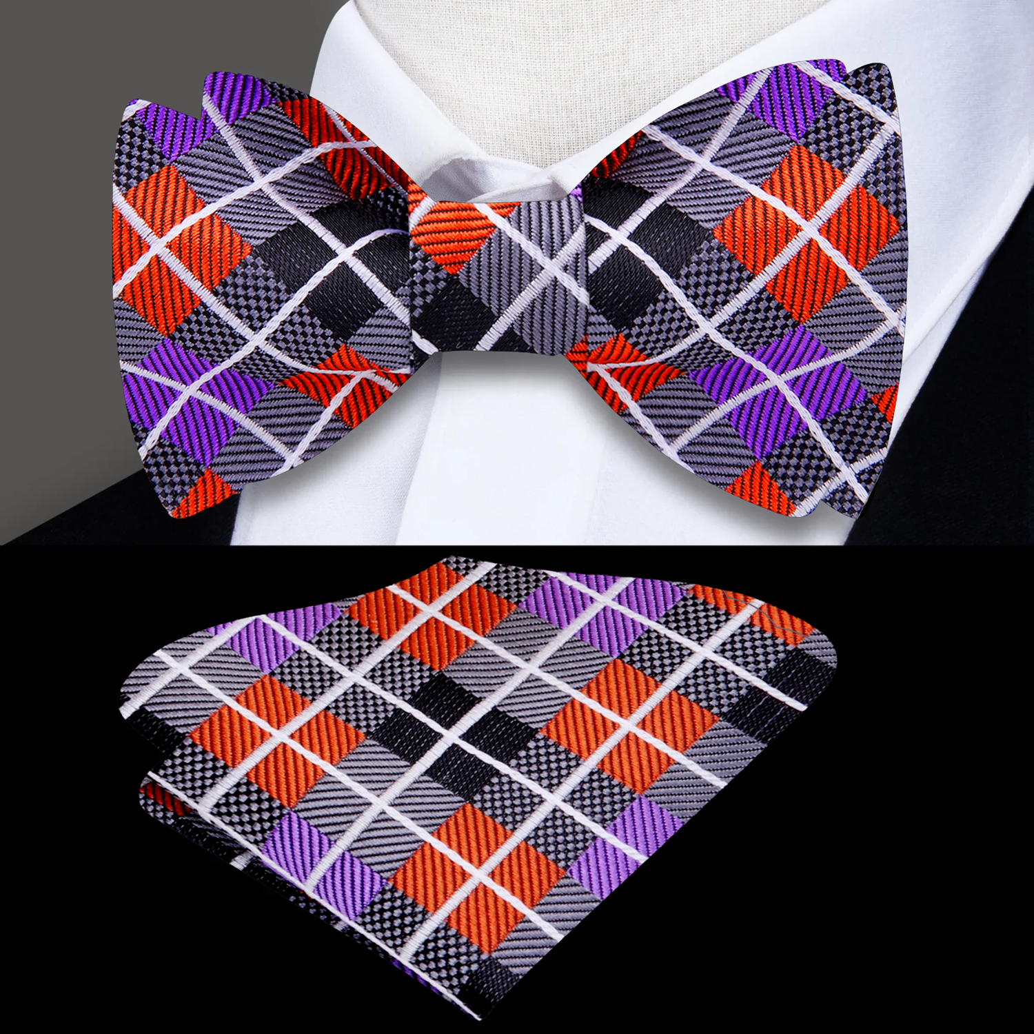 A Orange, Purple, Grey Geometric Argyle Pattern Self Tie Bow Tie, Matching Pocket Square||Grey, Purple, Orange, Black
