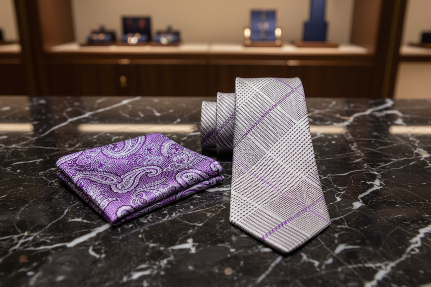 Grey, Purple Plaid Necktie and Purple Paisley Square