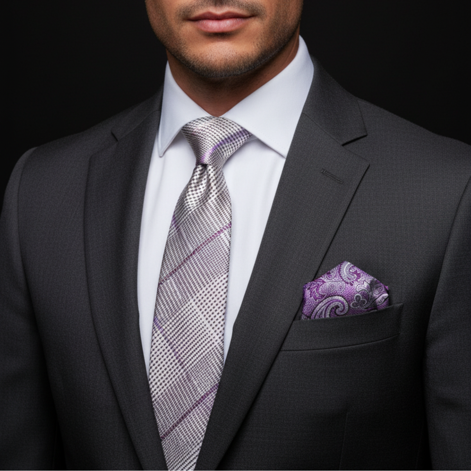 Grey, White & Purple Plaid Necktie | Sharp Pattern for Work & Events