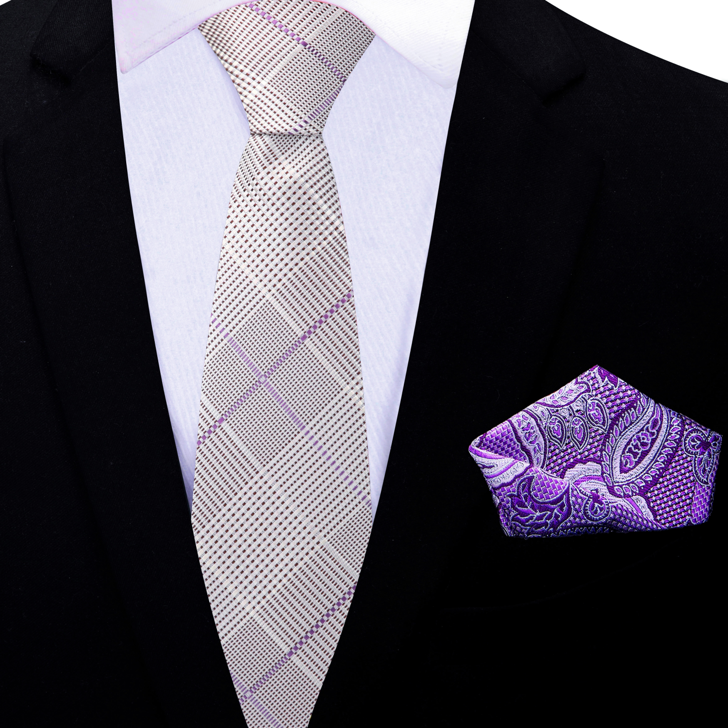 Thin Plaid Necktie and Accenting Purple Square