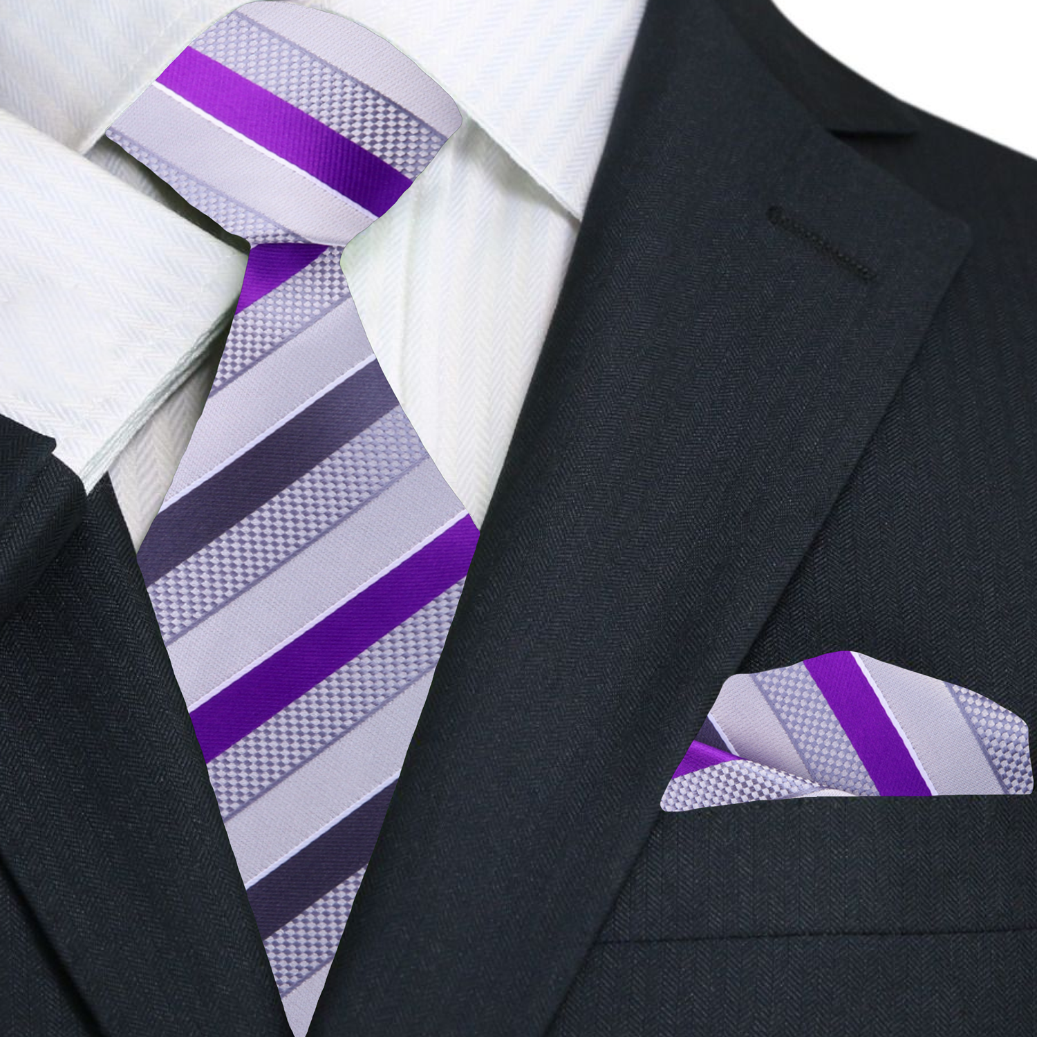 Premium Grey, Purple Stripe Tie and Pocket Square