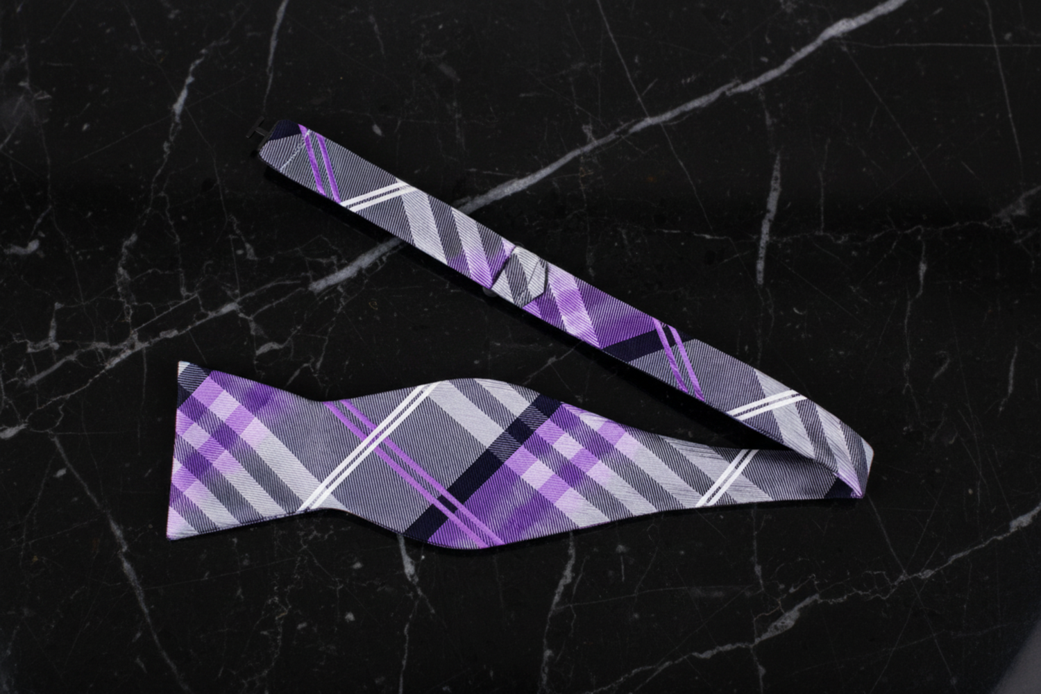 A Grey, Purple, Black, White, Plaid Pattern Self Tie Bow Tie Self Tie