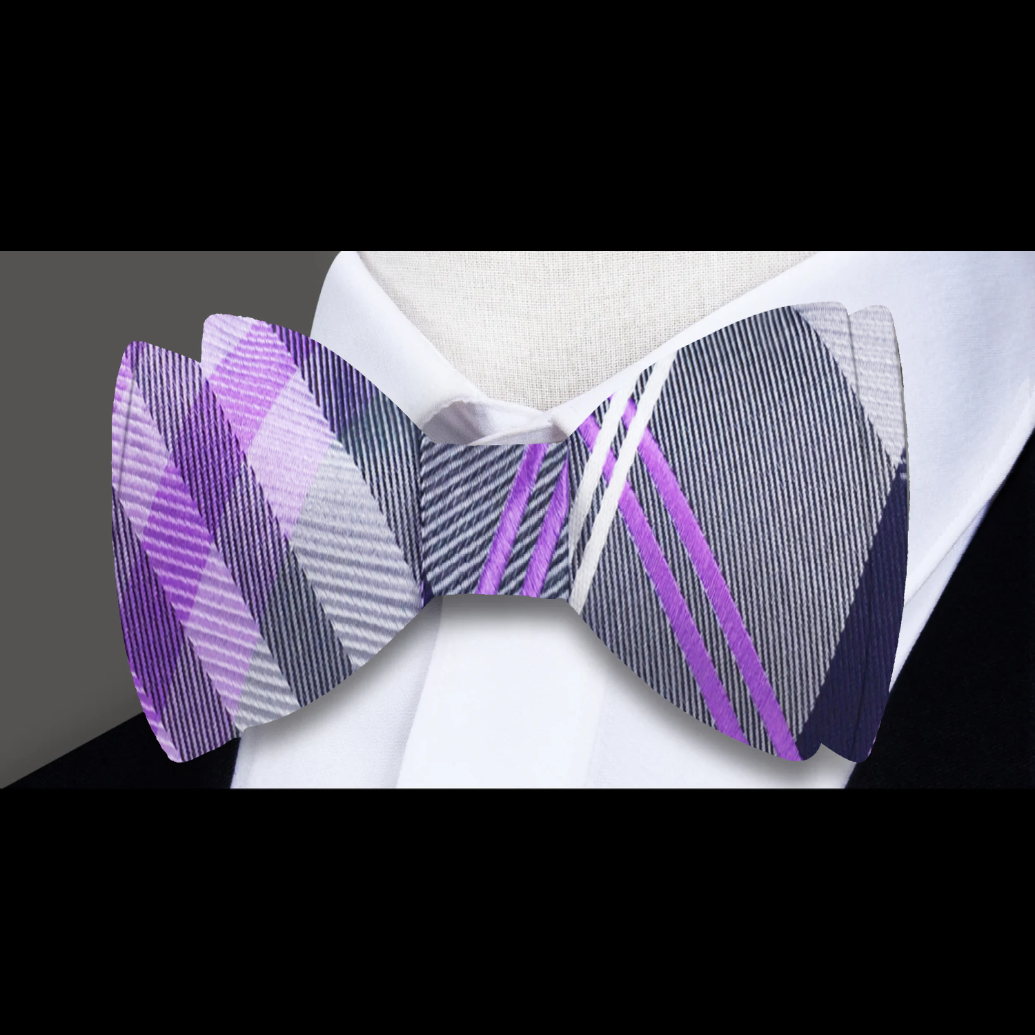 A Grey, Purple, Black, White, Plaid Pattern Self Tie Bow Tie