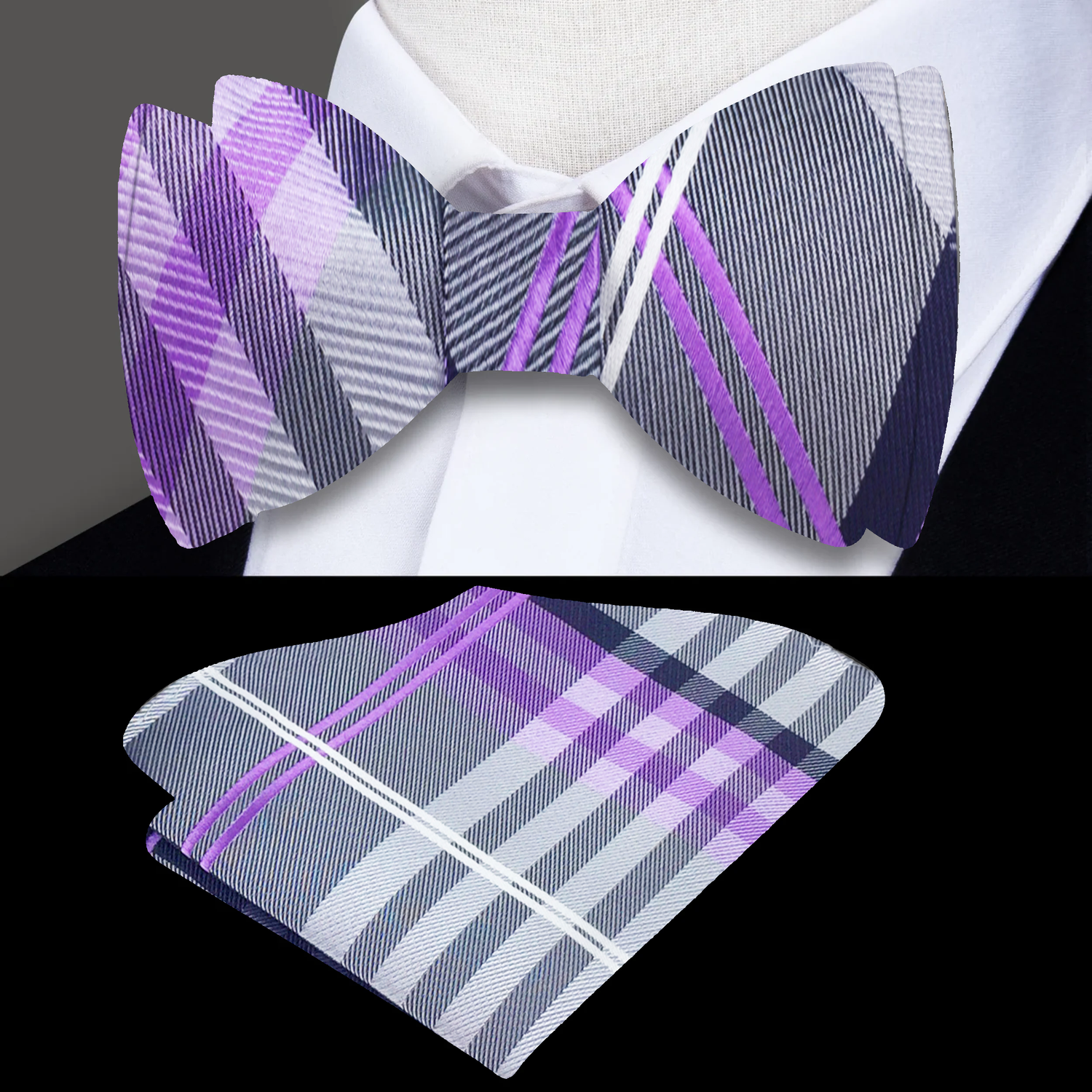 Main: A Grey, Purple, Black, White, Plaid Pattern Self Tie Bow Tie, Matching Pocket Square