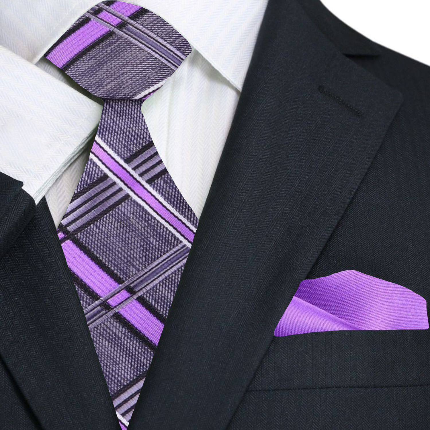 Premium Grey, Purple Plaid Tie and Square