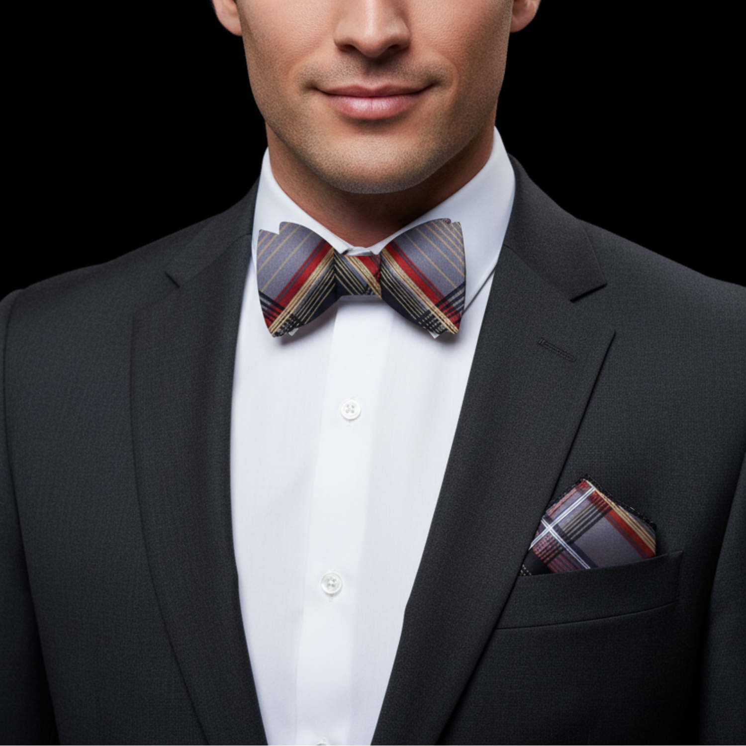 Grey Red Plaid Bow tie and Pocket Square