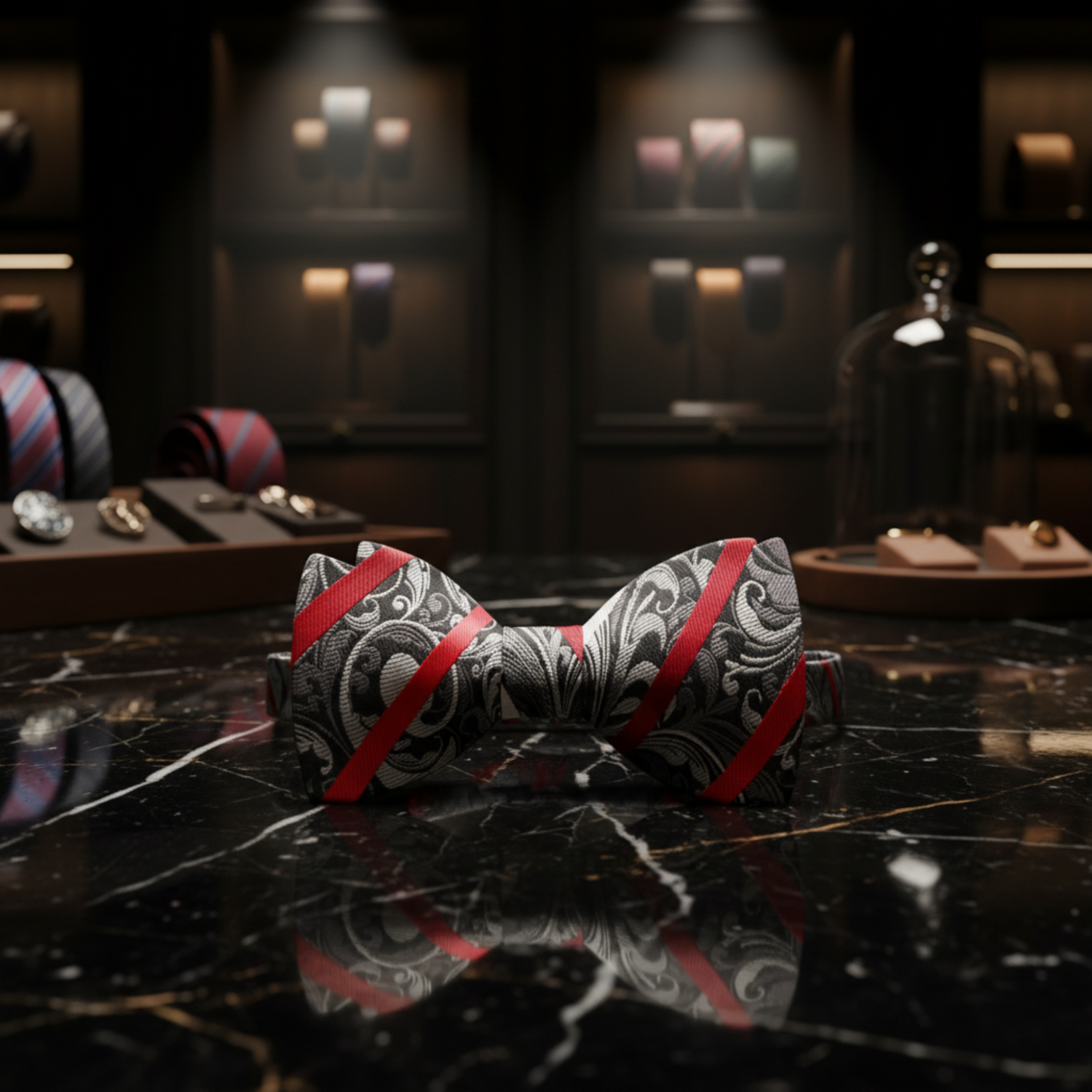 A Grey, Red Floral Pattern Self Tie Bow Tie