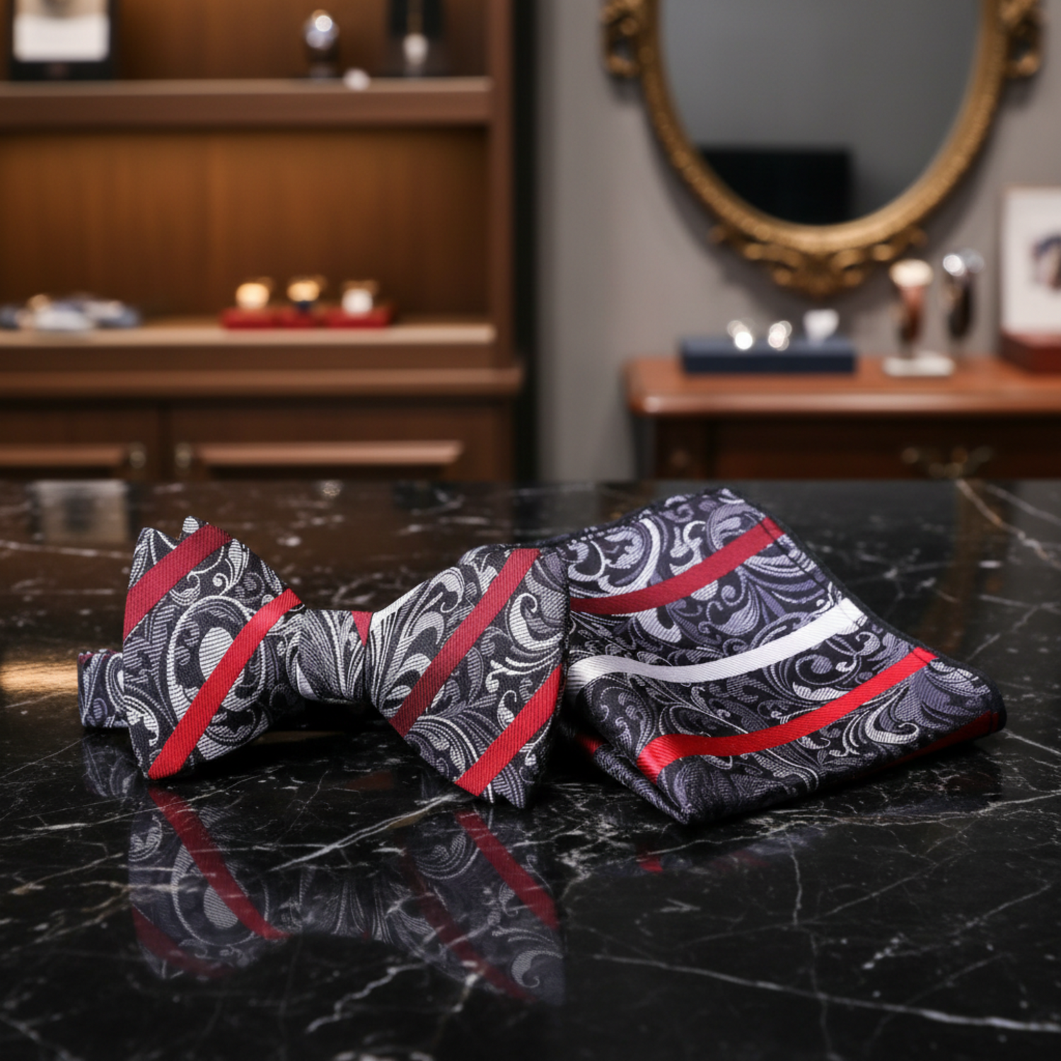 A Grey, Red Floral Pattern Self Tie Bow Tie and Square