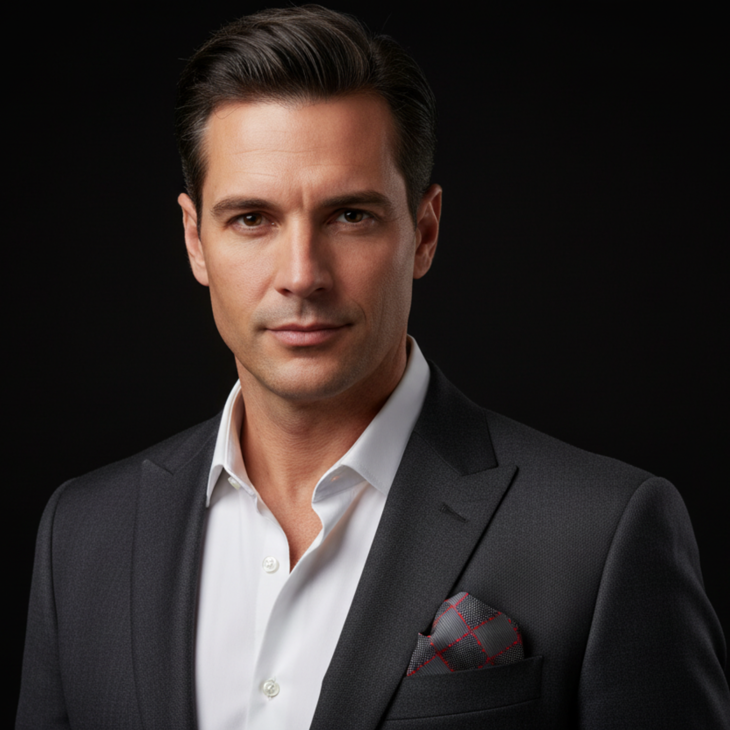 Man wearing a dark suit with a white shirt and red pocket square on a black background