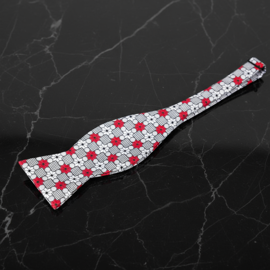 A Grey, Crimson, White Geometric with Floral Burst Pattern Self Tie Bow Tie Self Tie
