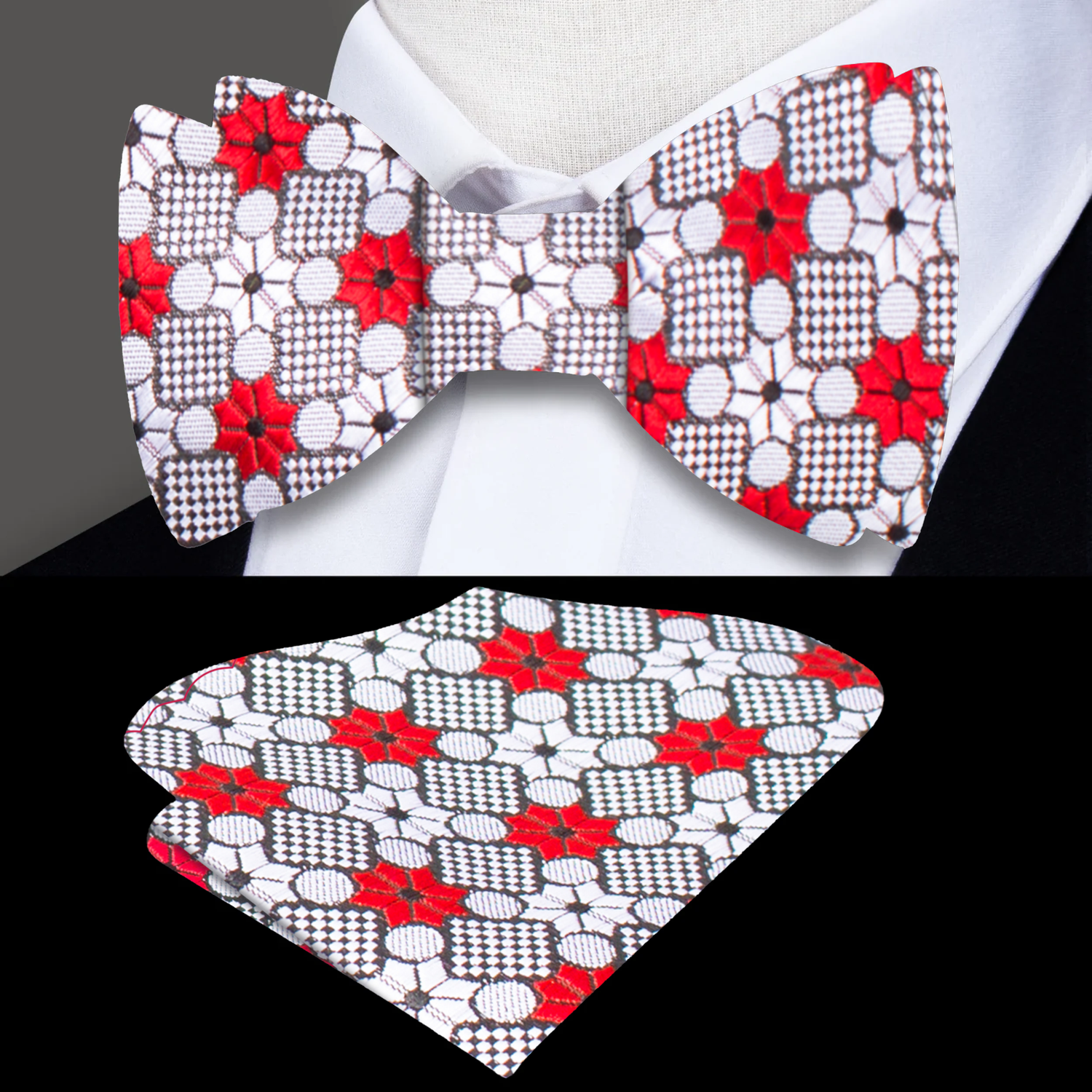 A Grey, Crimson, White Geometric with Floral Burst Pattern Self Tie Bow Tie, Matching Pocket Square