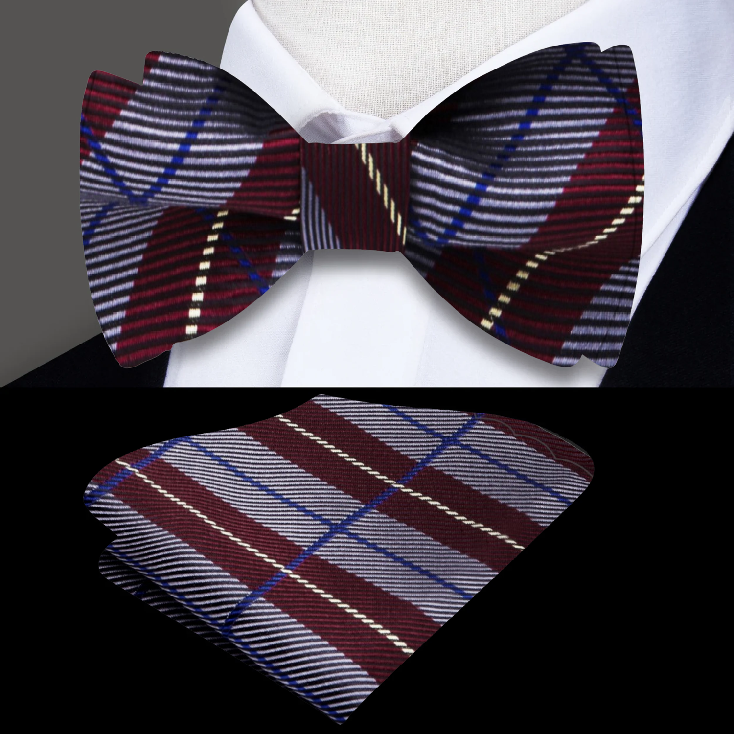 A Burgundy, Grey Plaid Pattern Self Tie Bow Tie, Matching Pocket Square