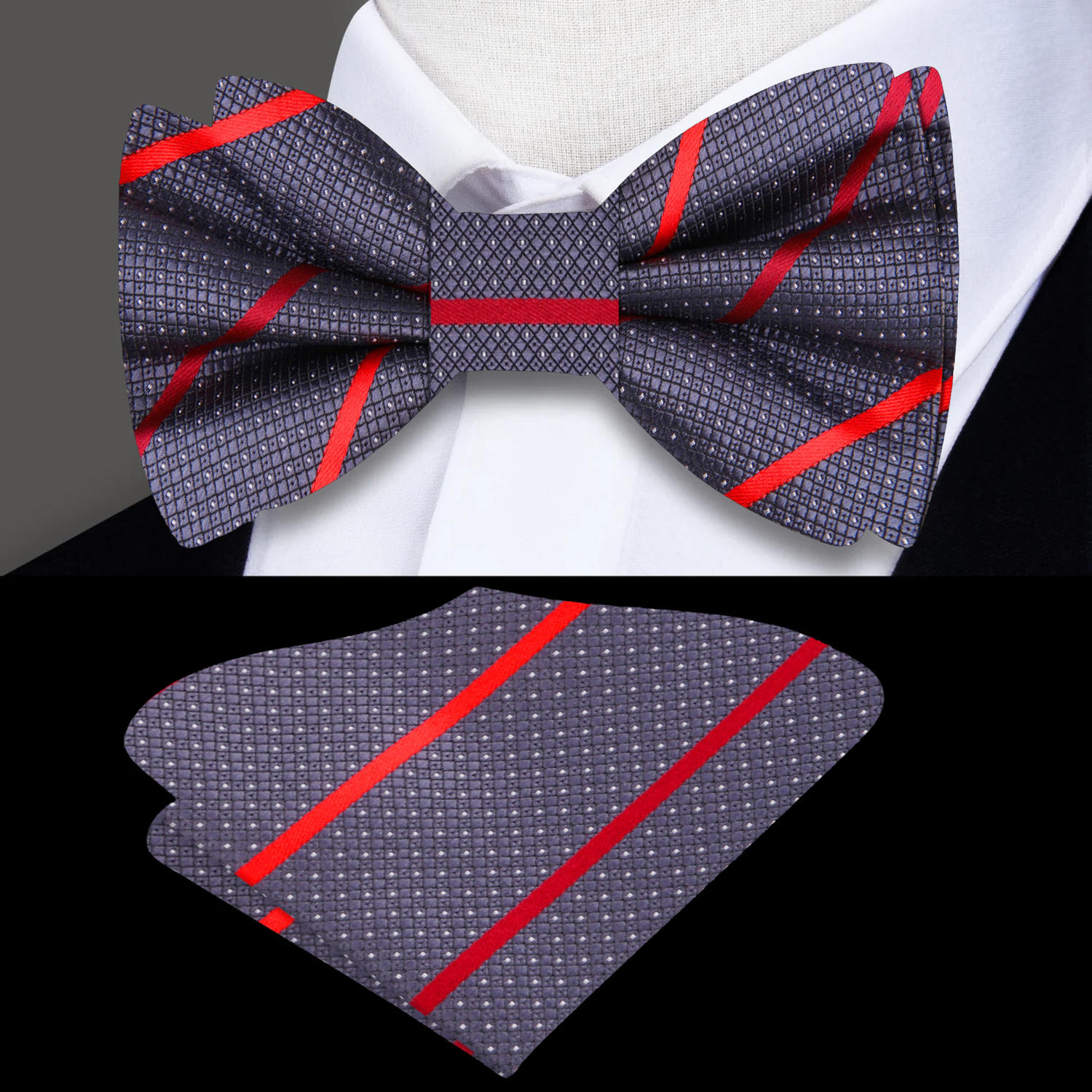 Red, Grey Stripe Bow Tie and Square||Red/Grey