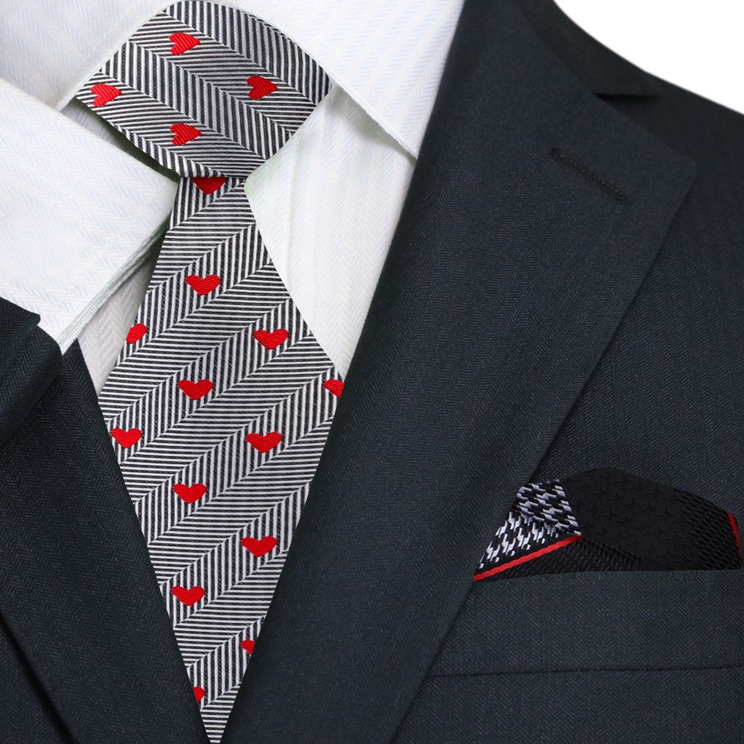 Premium Black, Red, Grey Herringbone and Hearts Necktie with Accenting Square